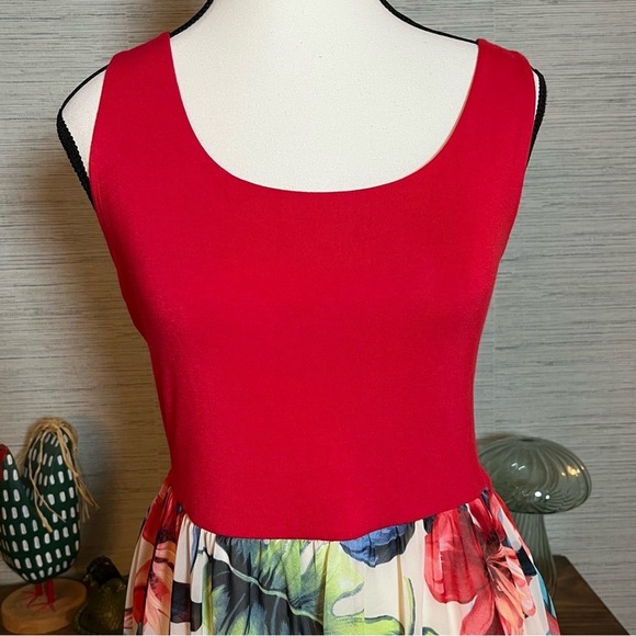 Le Lis Floral Maxi Dress Red Top Criss Cross Back Women’s Size L Made In USA - Picture 2 of 8